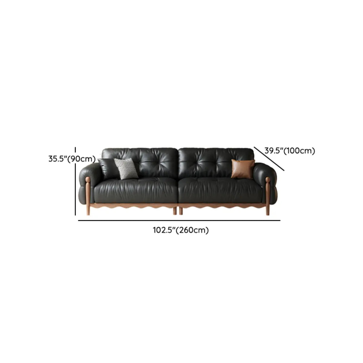 Living Room Black Leather Wood Frame Sofa with Pillow Image - 11