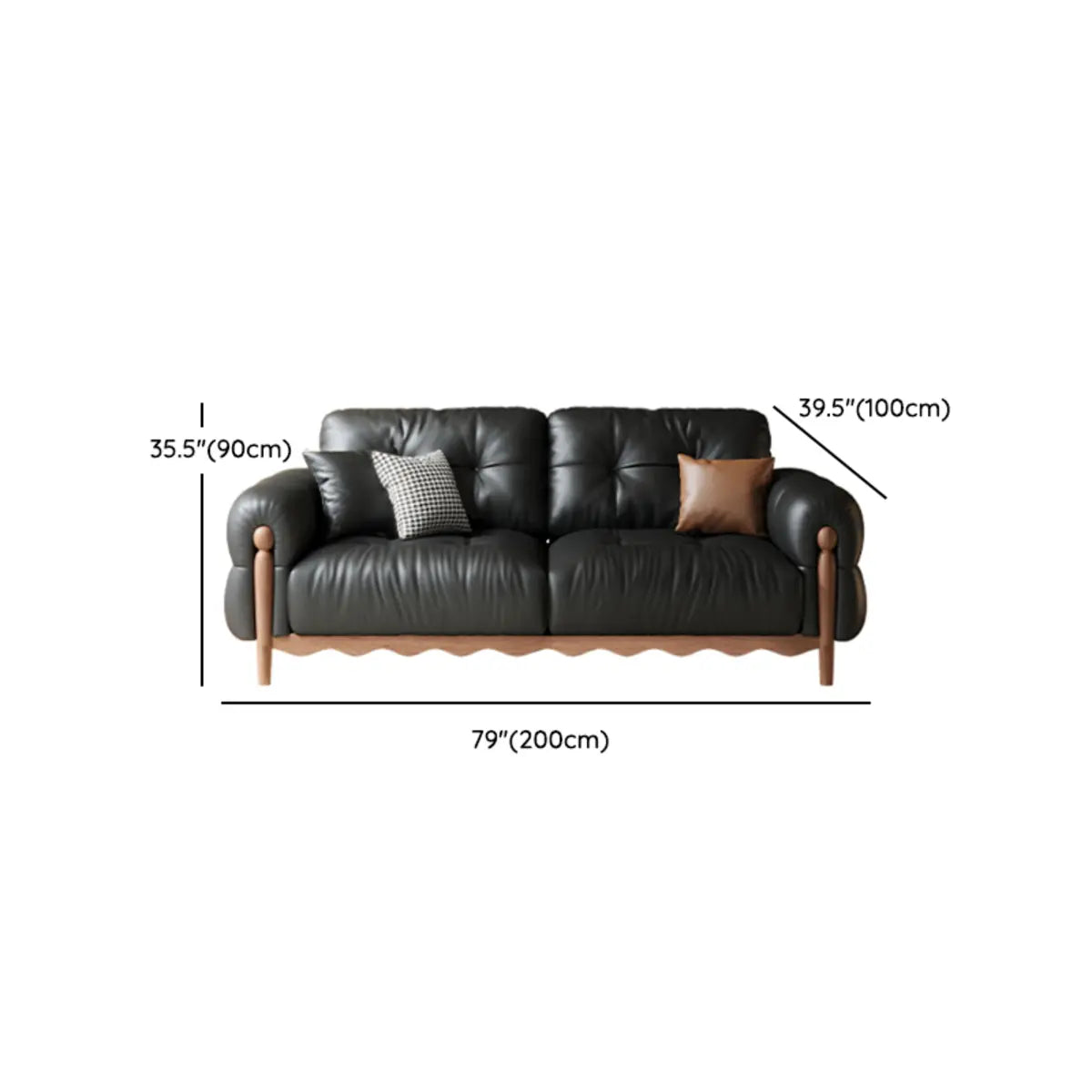 Living Room Black Leather Wood Frame Sofa with Pillow Image - 12