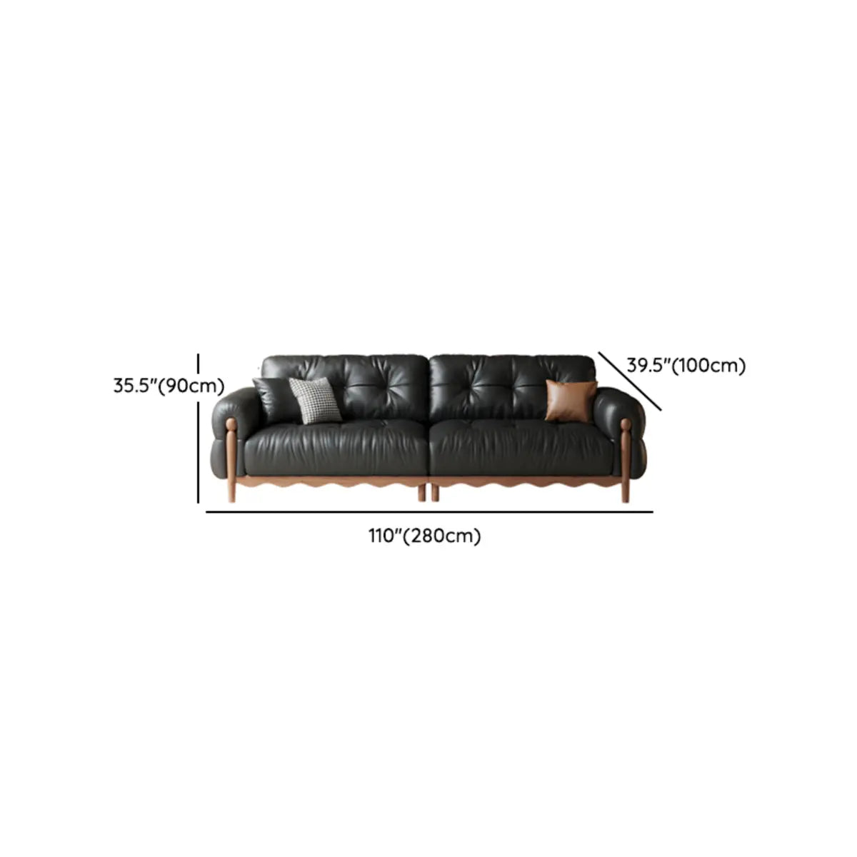 Living Room Black Leather Wood Frame Sofa with Pillow Image - 13