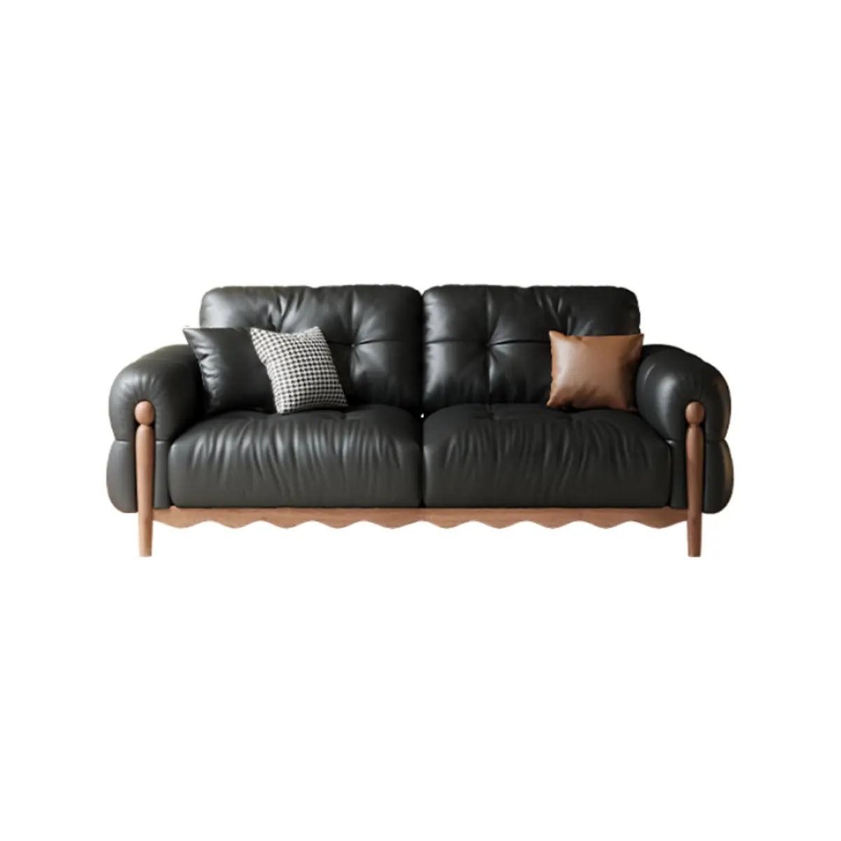 Living Room Black Leather Wood Frame Sofa with Pillow Image - 2