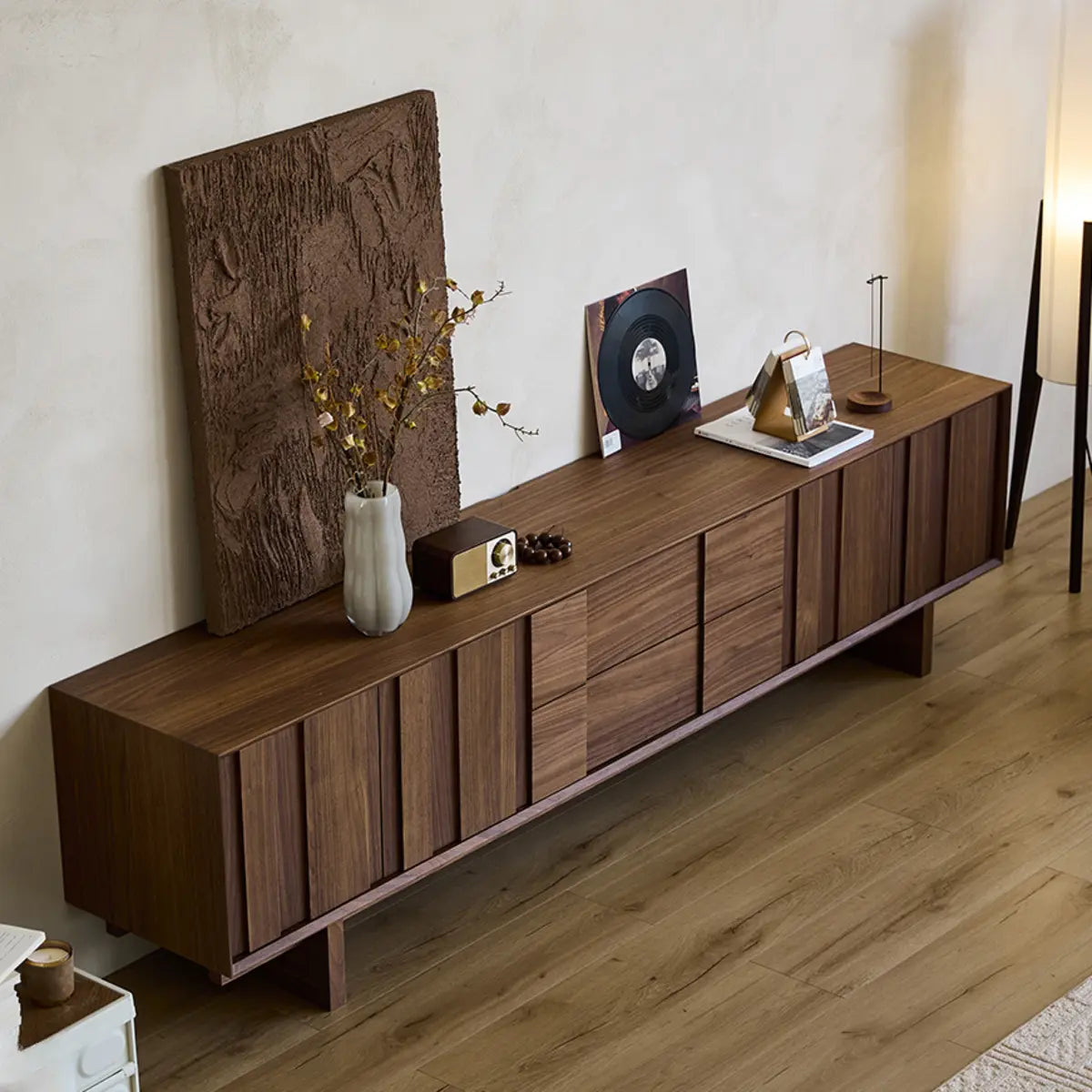 Living Room Brown Wood Drawers Rectangle TV Stand Image - 4