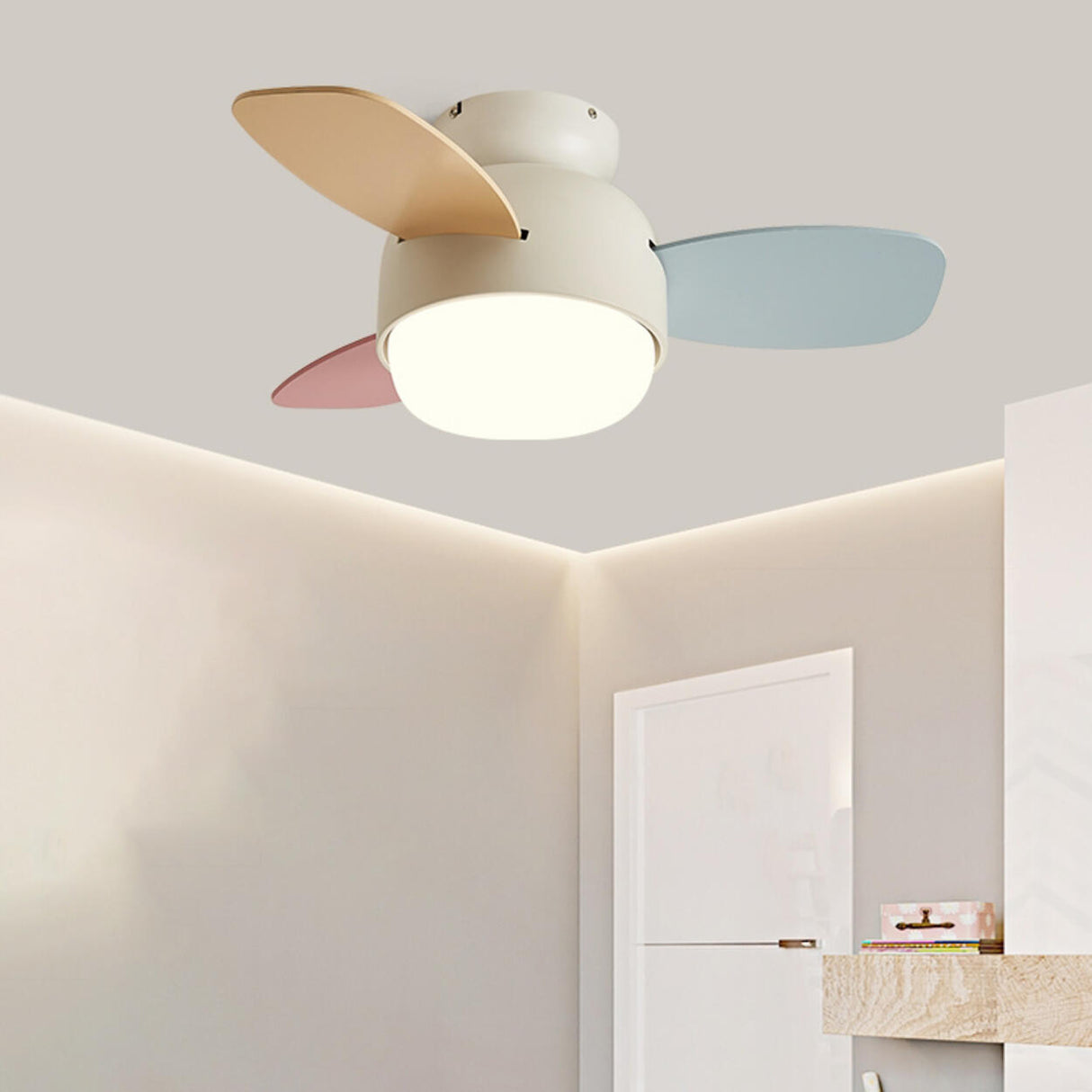 Living Room Colorful 3 Blade Wood Ceiling Fan Light Image - 1