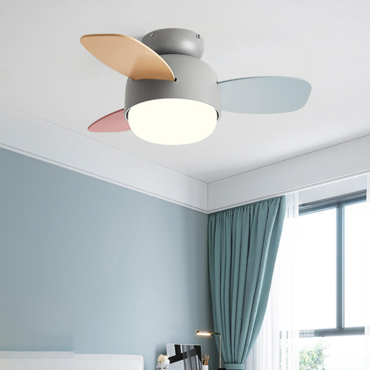 Living Room Colorful 3 Blade Wood Ceiling Fan Light Image - 3