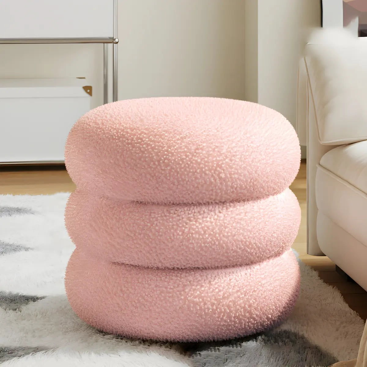 Living Room Cream Mini Round Sponge Pouf Sherpa Ottoman Image - 10