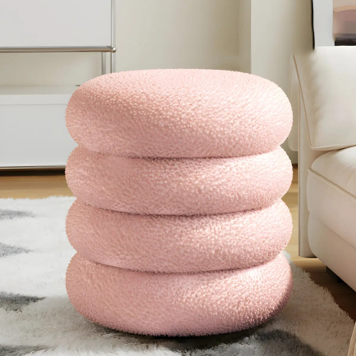 Living Room Cream Mini Round Sponge Pouf Sherpa Ottoman Image - 12