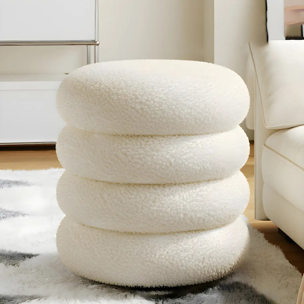 Living Room Cream Mini Round Sponge Pouf Sherpa Ottoman Image - 13