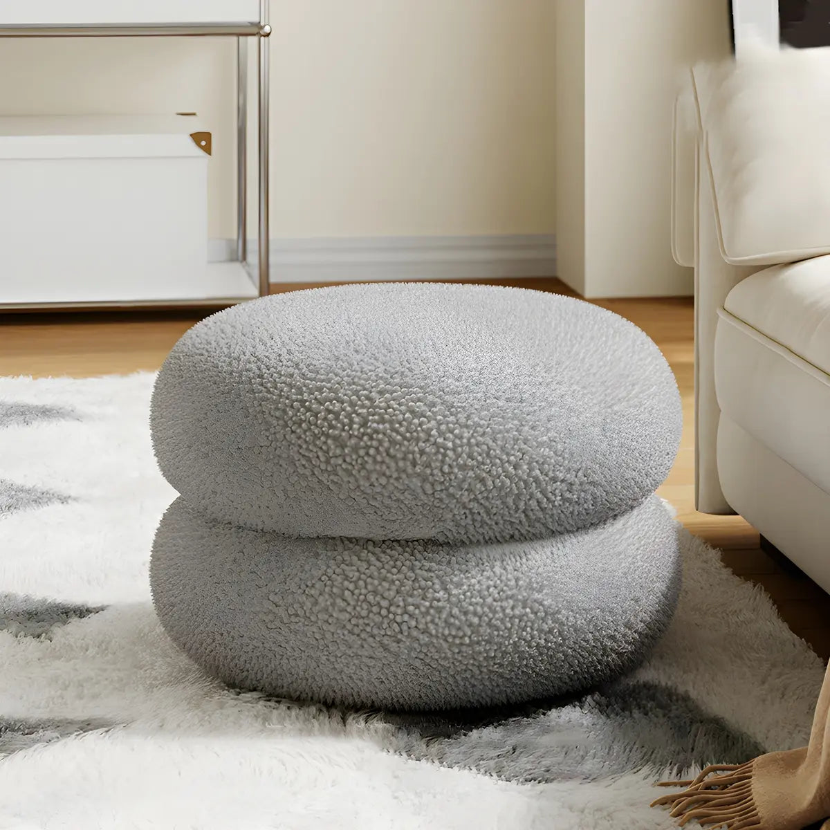 Living Room Cream Mini Round Sponge Pouf Sherpa Ottoman Image - 2