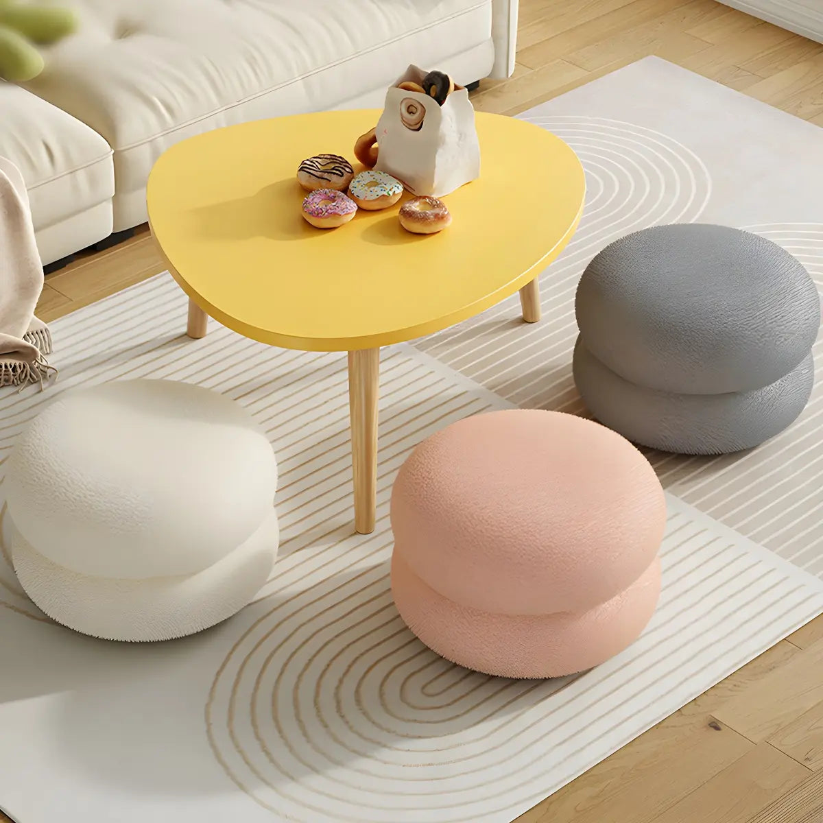 Living Room Cream Mini Round Sponge Pouf Sherpa Ottoman Image - 6