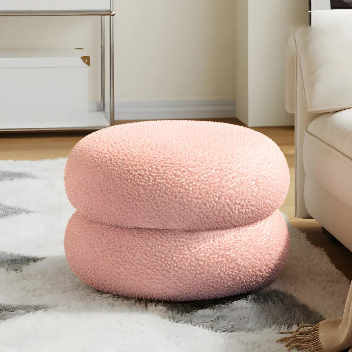 Living Room Cream Mini Round Sponge Pouf Sherpa Ottoman Image - 7