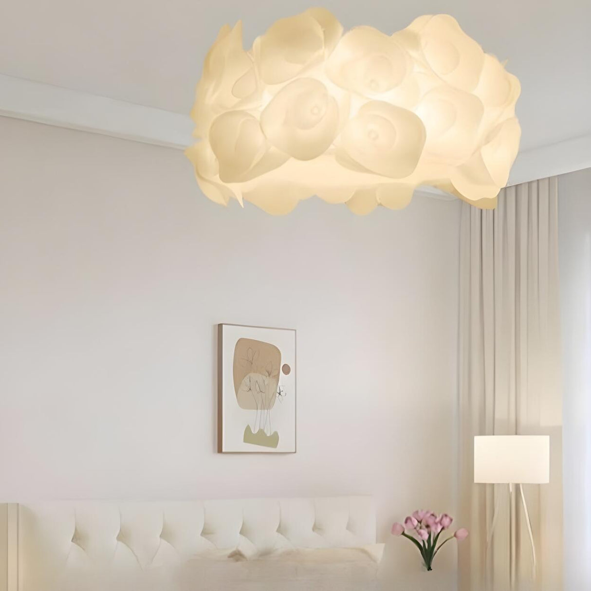 Living Room Elegant White Floral LED Flush Mount Light Image - 5