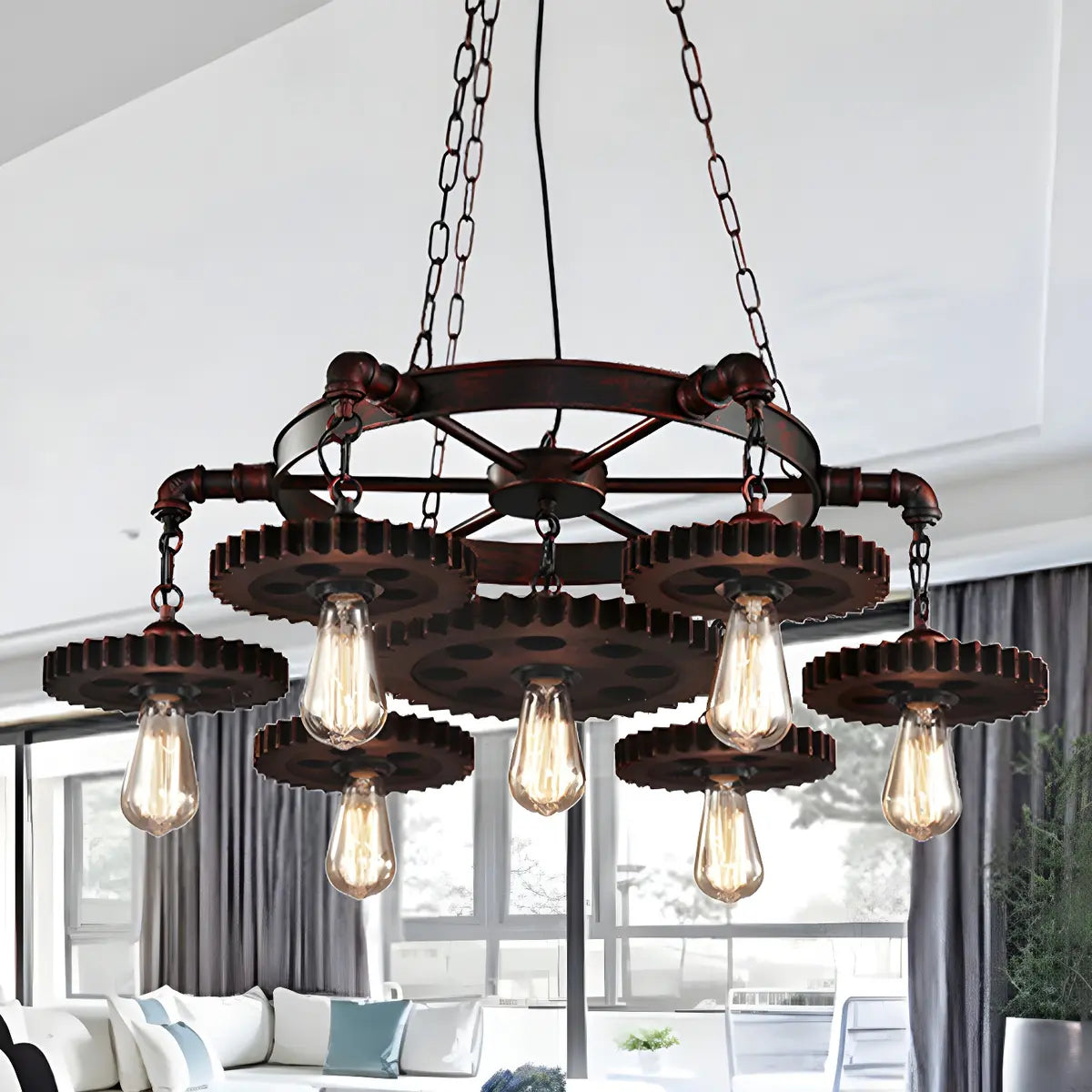 Living Room Gear Metal Rust Large Edison Bulb Chandelier Image - 2