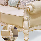 Living Room Glam Off-White Cow Leather Carving Sofa Image - 11