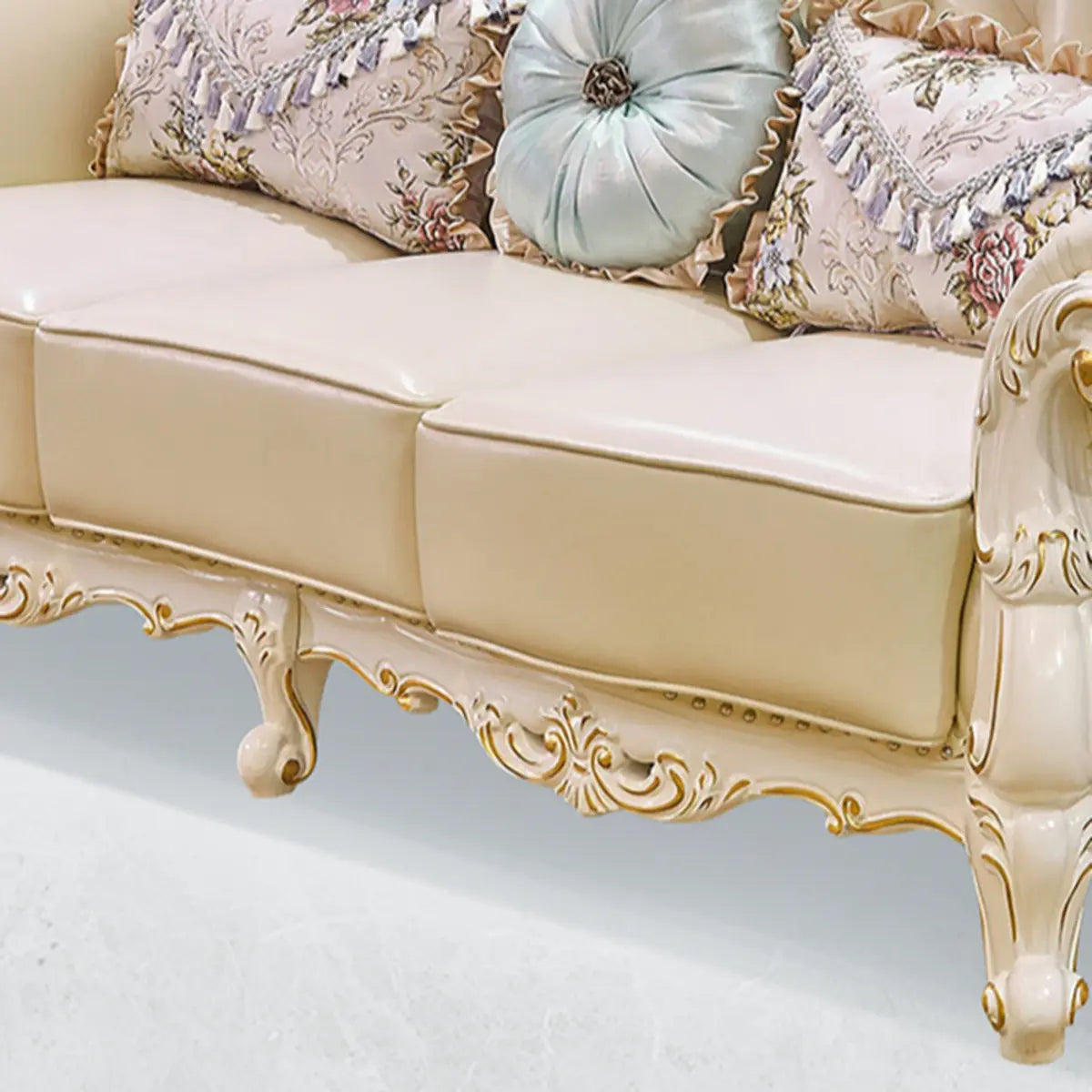 Living Room Glam Off-White Cow Leather Carving Sofa Image - 12