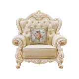 Living Room Glam Off-White Cow Leather Carving Sofa Image - 2