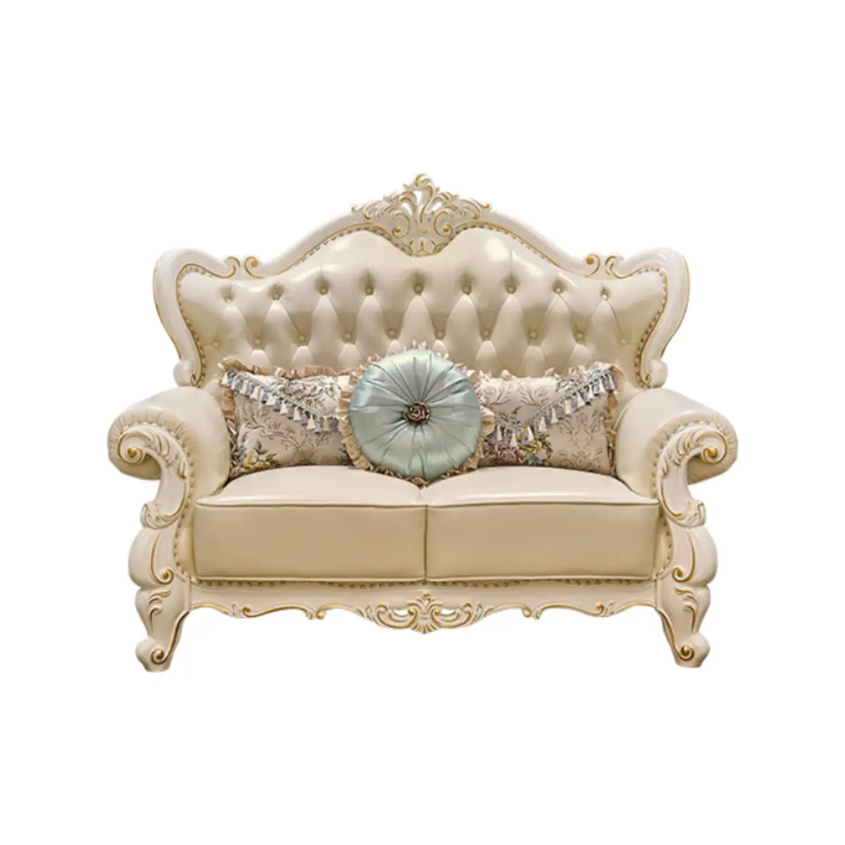 Living Room Glam Off-White Cow Leather Carving Sofa Image - 3