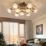 Living Room Glass Floral Semi-Flush Mount Light 5-Light Image - 11