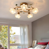 Living Room Glass Floral Semi-Flush Mount Light 5-Light Image - 2