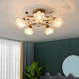 Living Room Glass Floral Semi-Flush Mount Light 5-Light Image - 4