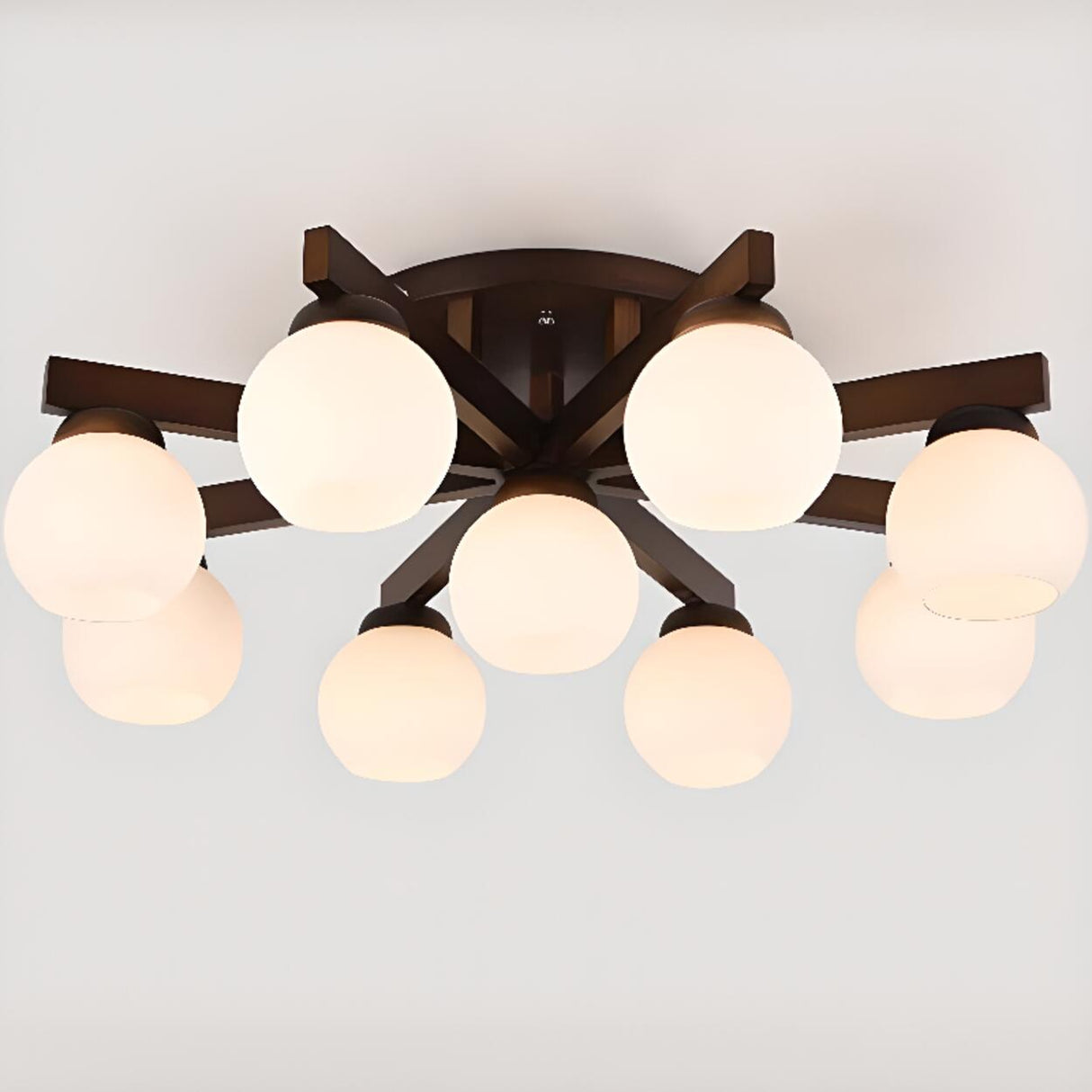 Living Room Globe Wood Semi-Flush Mount Light 9-Light Image - 11