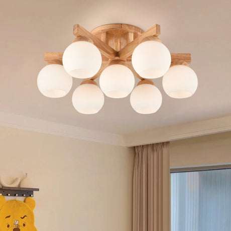 Living Room Globe Wood Semi-Flush Mount Light 9-Light Image - 2