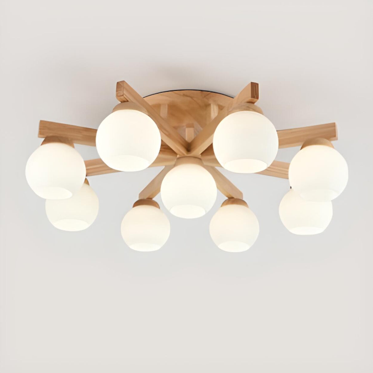 Living Room Globe Wood Semi-Flush Mount Light 9-Light Image - 5