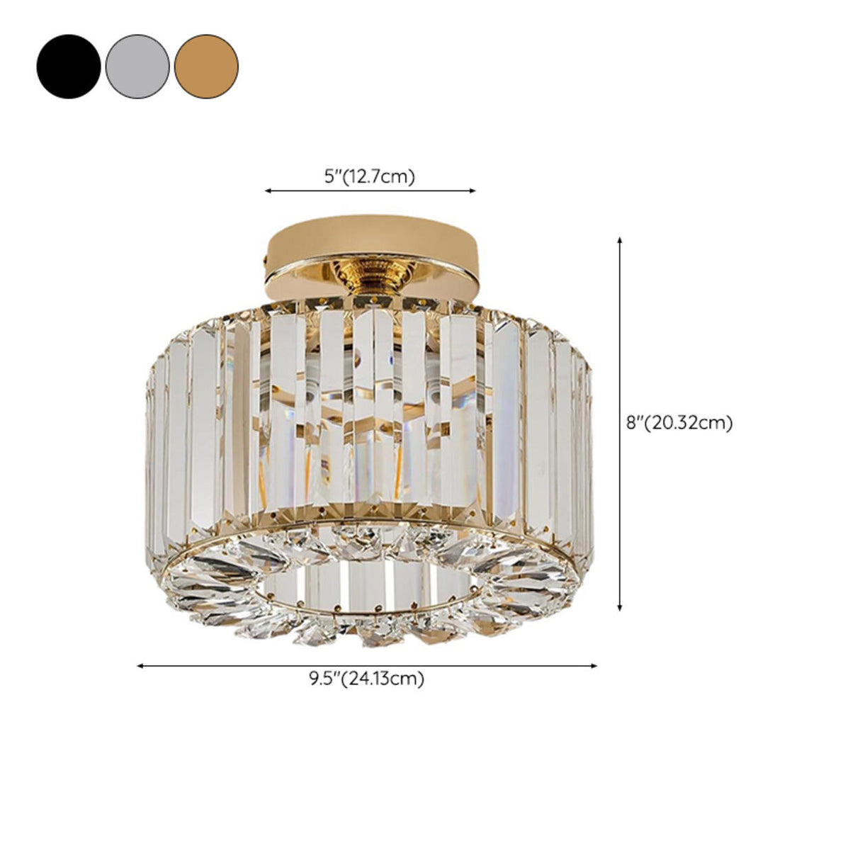 Living Room Gold Crystal Cylinder Semi-Flush Mount Lamp 