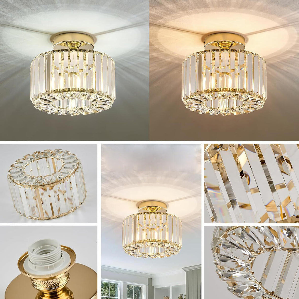 Living Room Gold Crystal Cylinder Semi-Flush Mount Lamp Image - 8