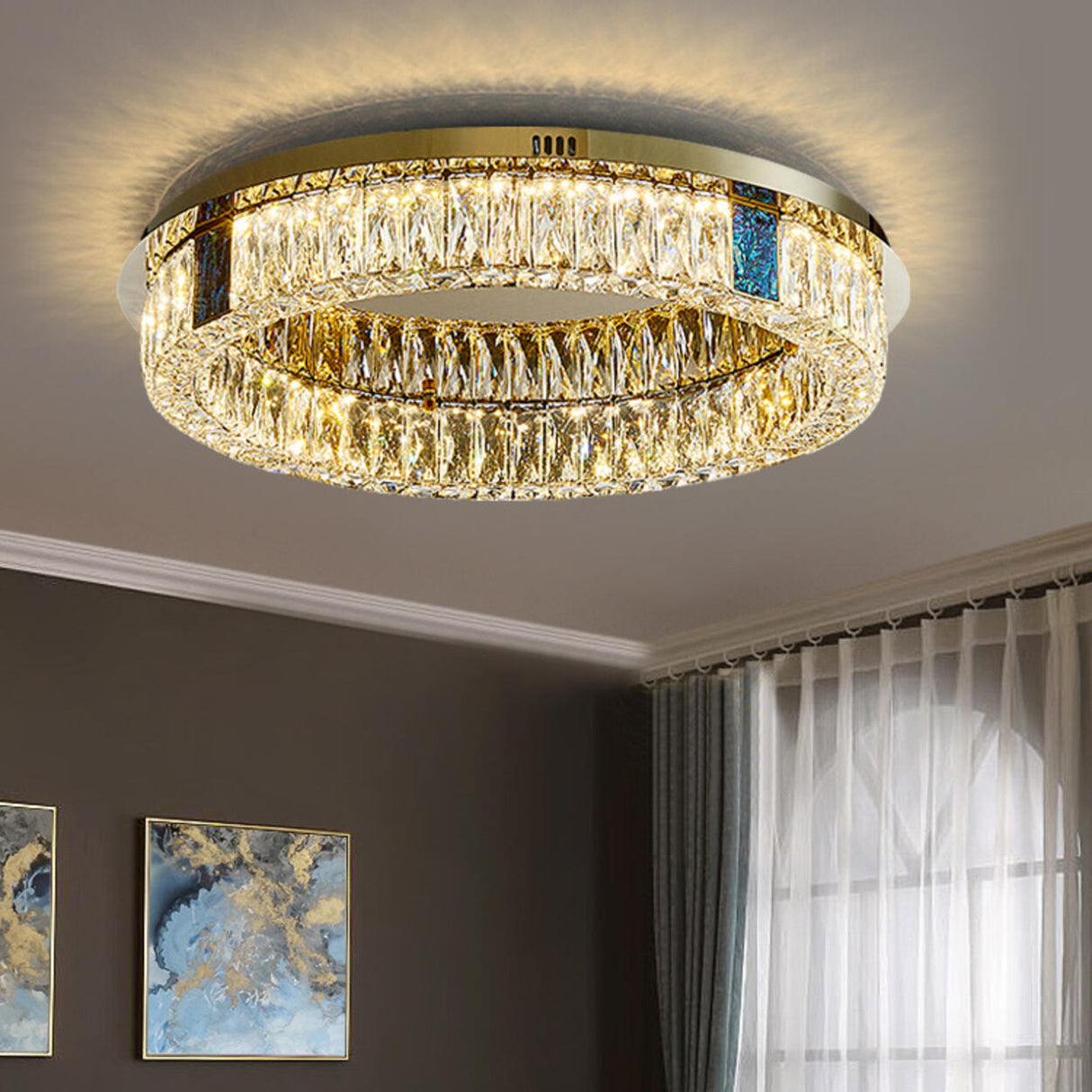 Living Room Gold Crystal Tiered Circle Flush Mount Lamp Image - 4