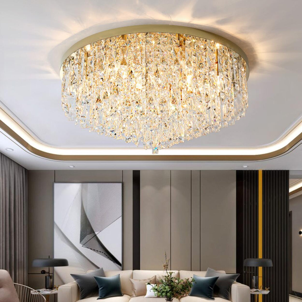 Living Room Gorgeous Crystal Flush Mount Ceiling Light Image - 2