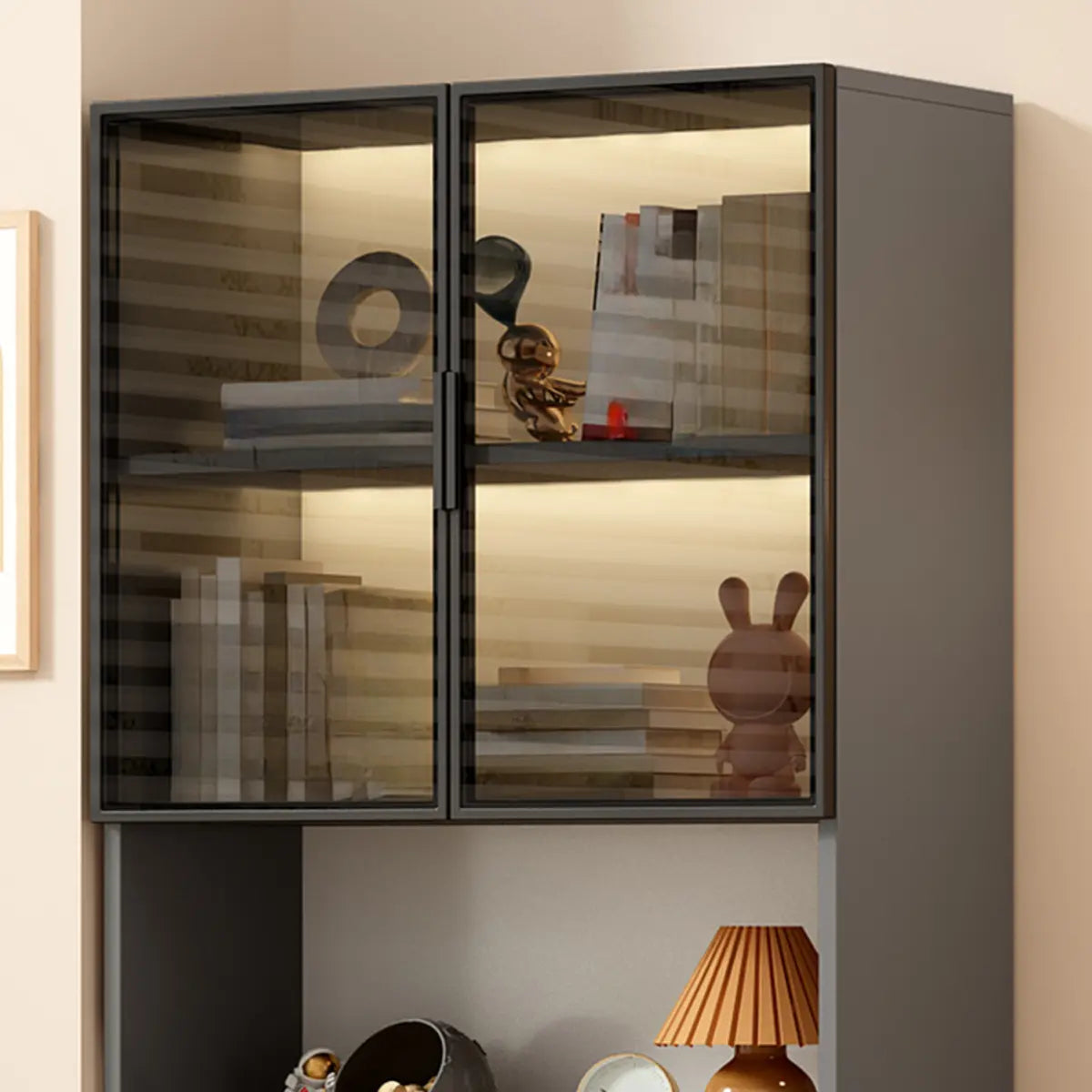 Living Room Grey 3 Shelf Glass Display China Cabinet Image - 5