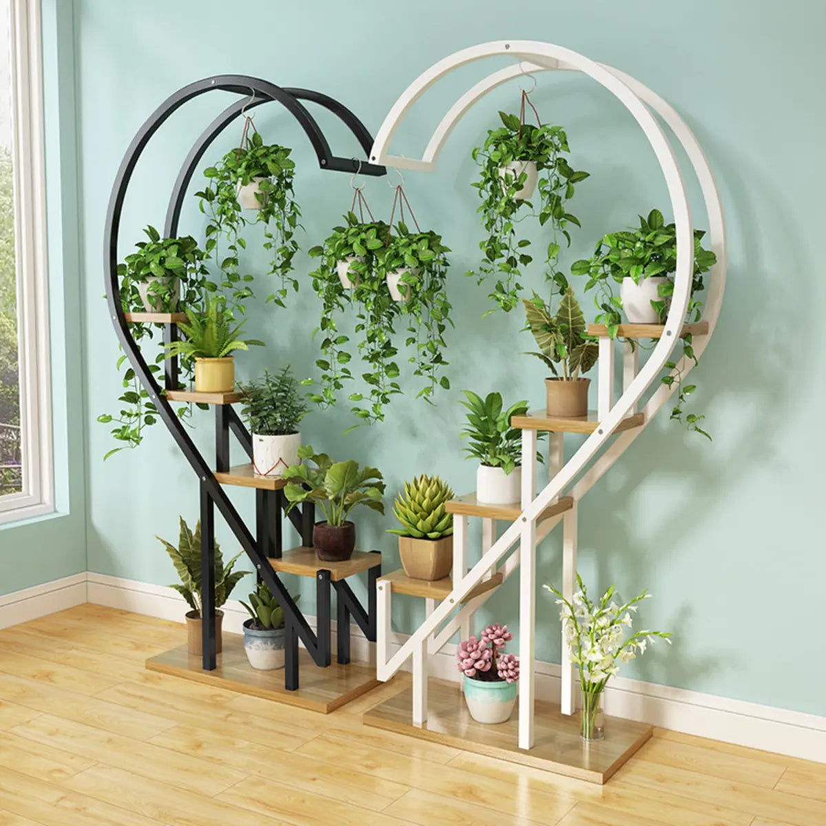 Living Room Heart Shape Wood Tiered Decor Plant Stands Image - 1