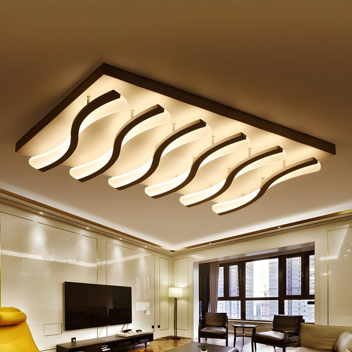 Living Room Large Rectangle Wavy LED Flush Mount Light Image - 3