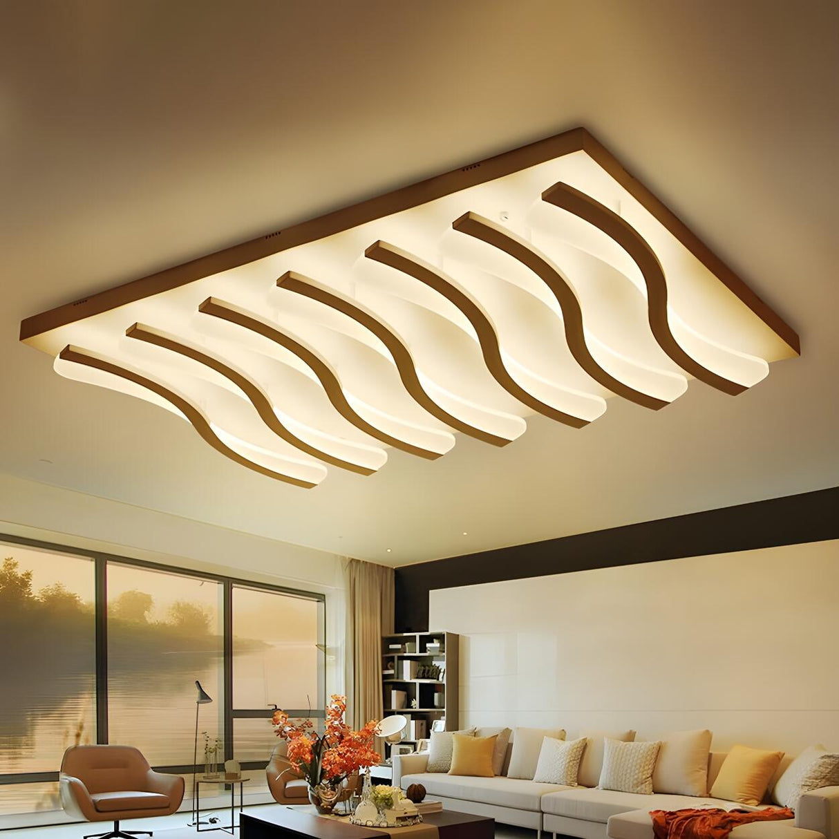 Living Room Large Rectangle Wavy LED Flush Mount Light Image - 7