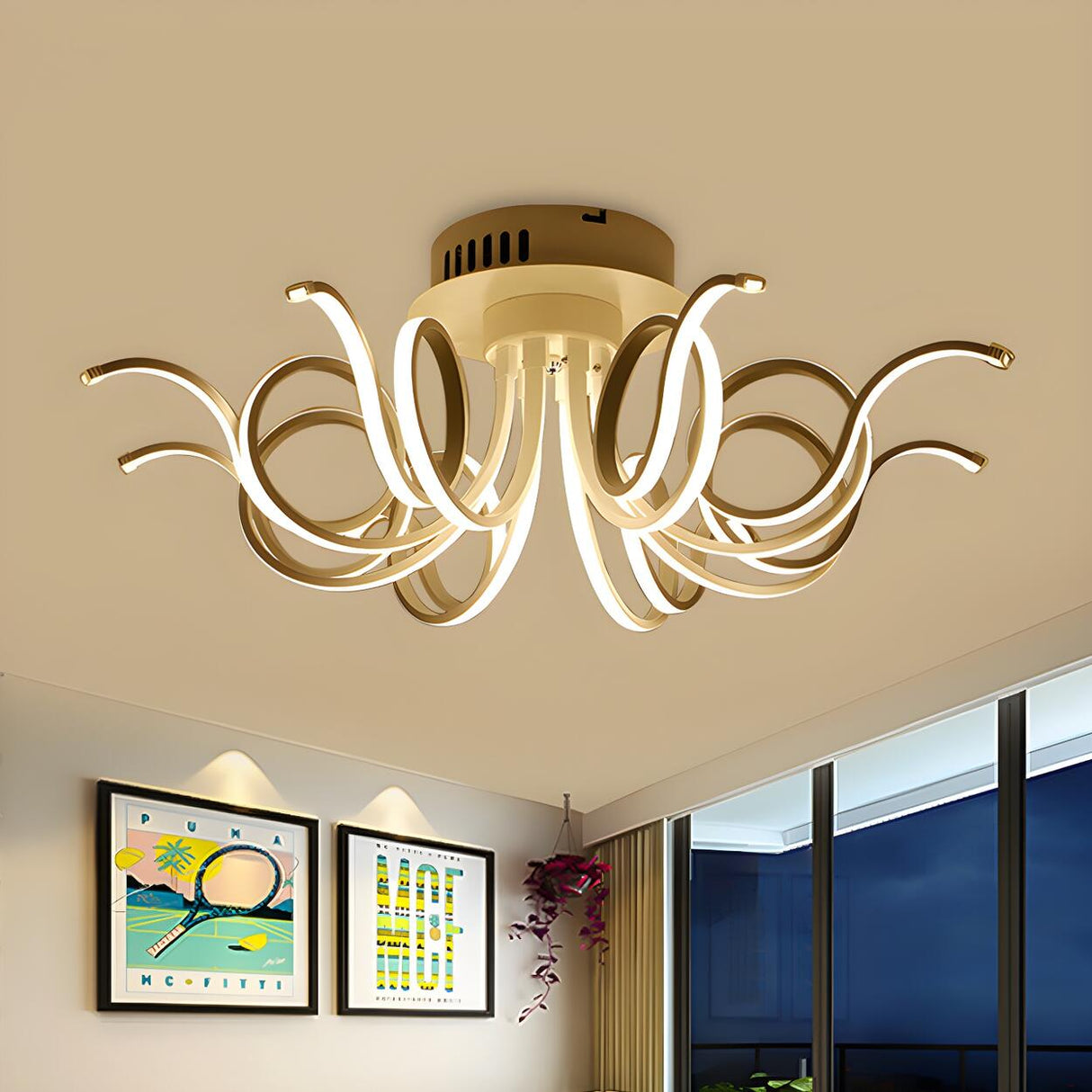 Living Room Large White Curly LED Flush Mount Light Image - 12