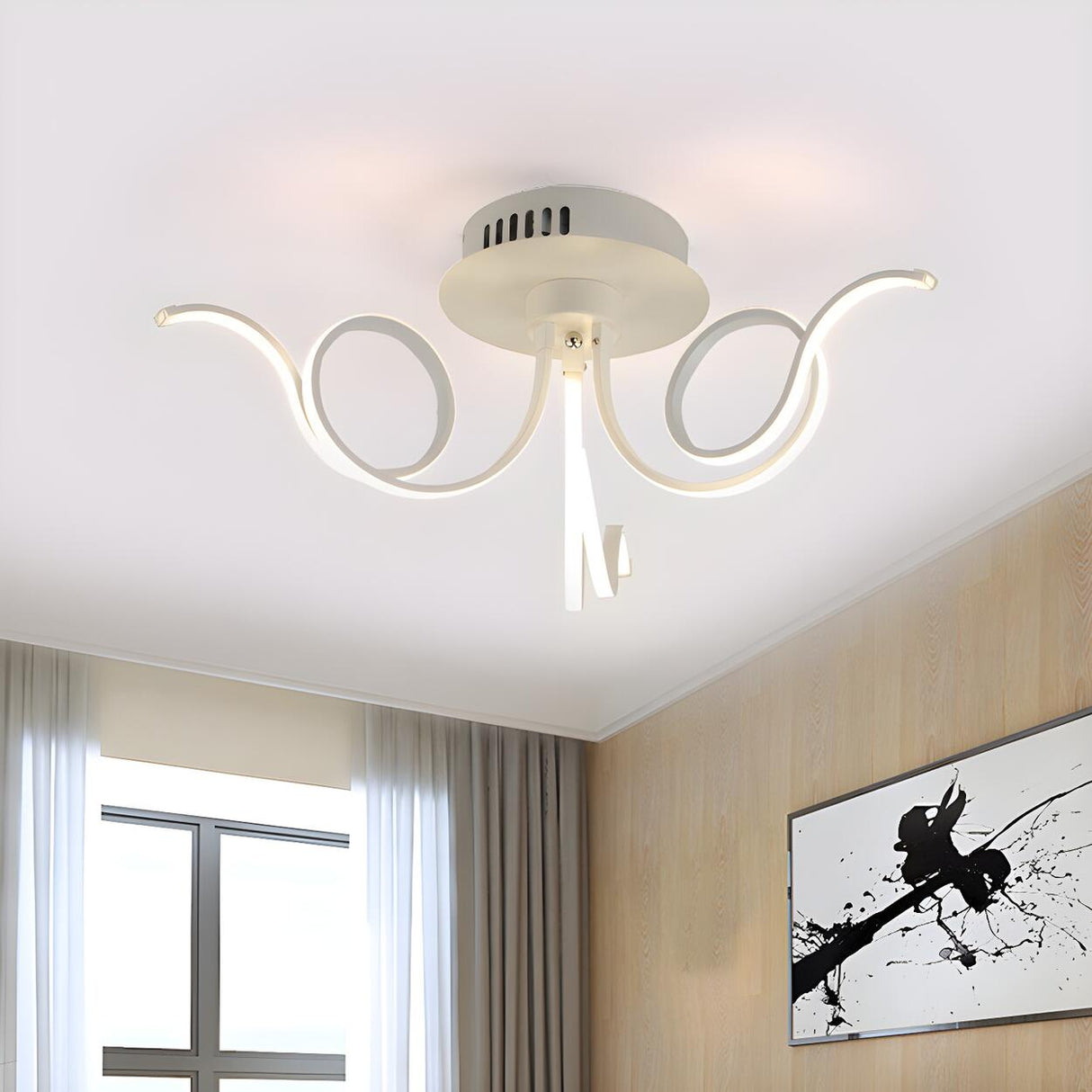 Living Room Large White Curly LED Flush Mount Light Image - 3