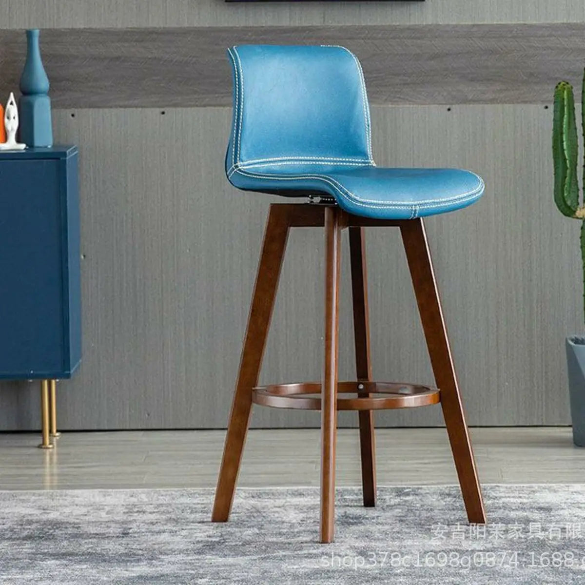 Living Room Leather Saddle Seat Backrest Wood Bar Stool Image - 17