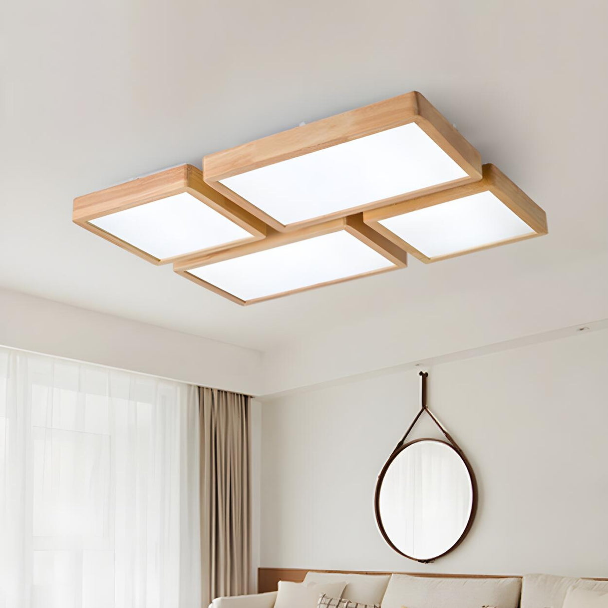 Living Room Nordic Wood Rectangle LED Flush Mount Light Image - 2