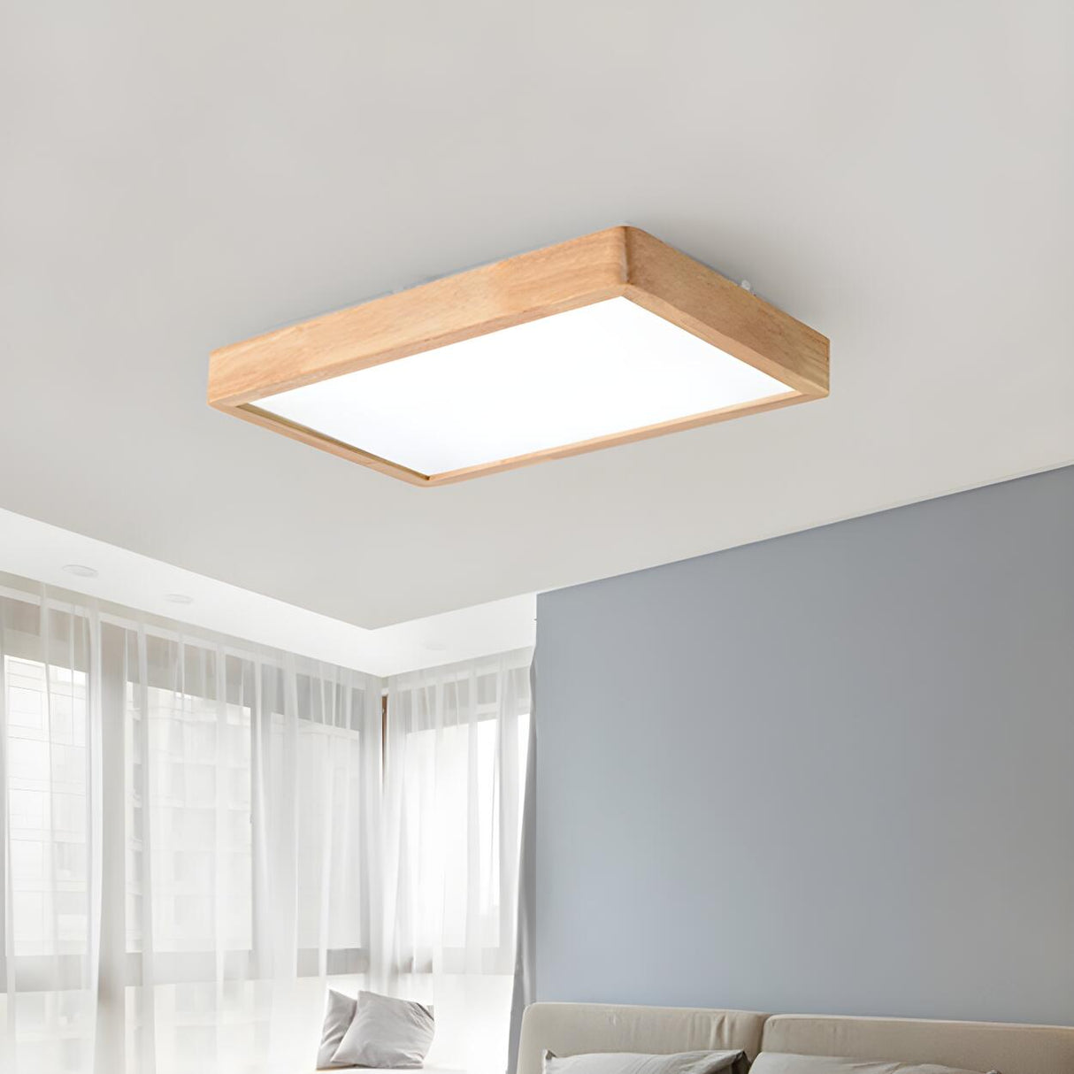 Living Room Nordic Wood Rectangle LED Flush Mount Light Image - 8