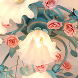 Living Room Romantic Floral Glass Semi-Flush Mount Lamp Image - 11