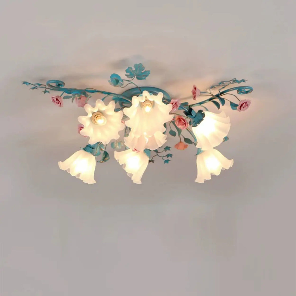 Living Room Romantic Floral Glass Semi-Flush Mount Lamp Image - 2