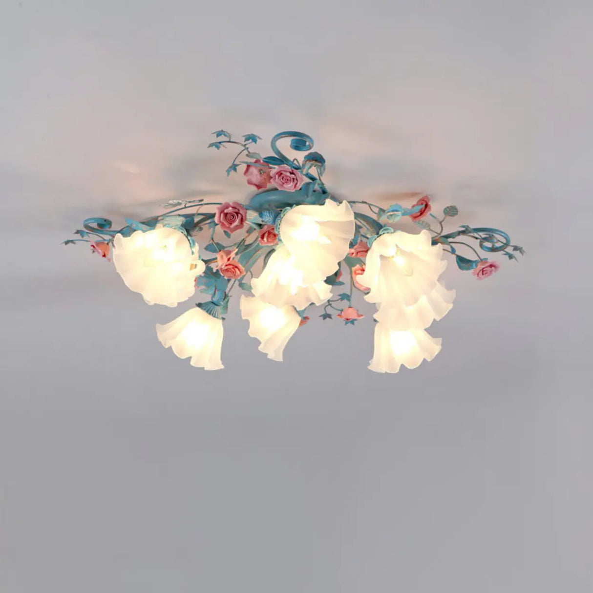 Living Room Romantic Floral Glass Semi-Flush Mount Lamp Image - 7