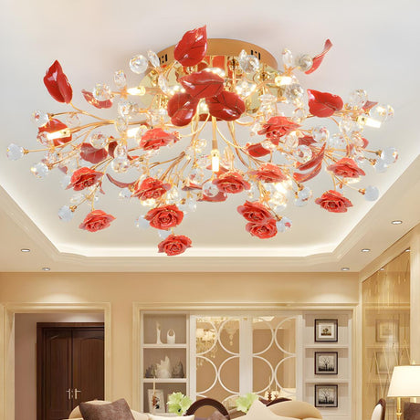 Living Room Romantic Red Rose Crystal Flush Mount Light Image - 1