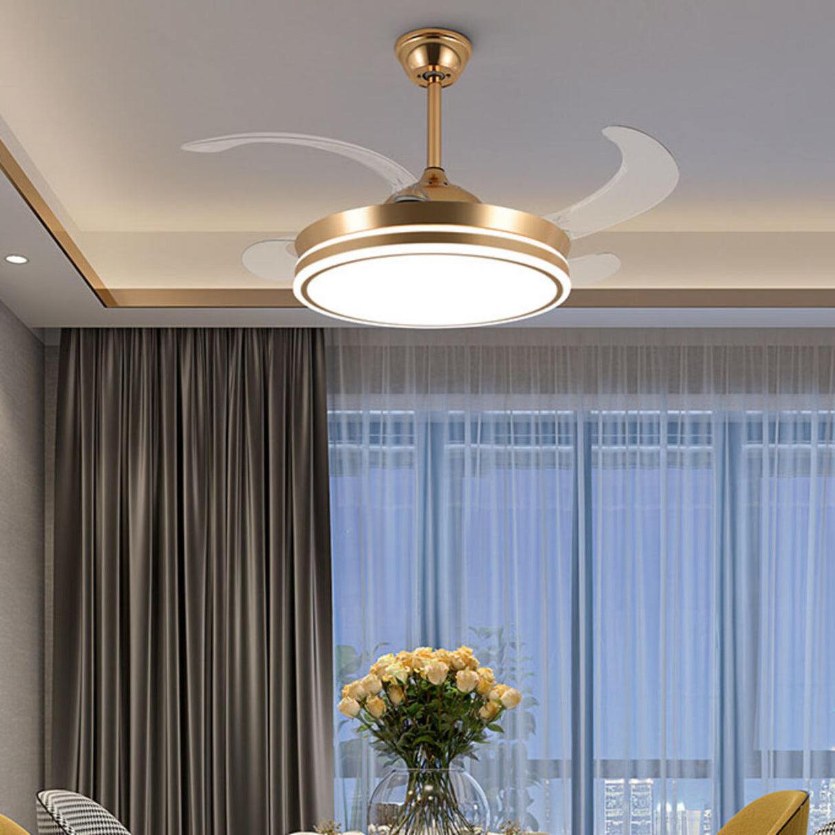 Living Room Round Modern Clear Blade Ceiling Fan Light Image - 3