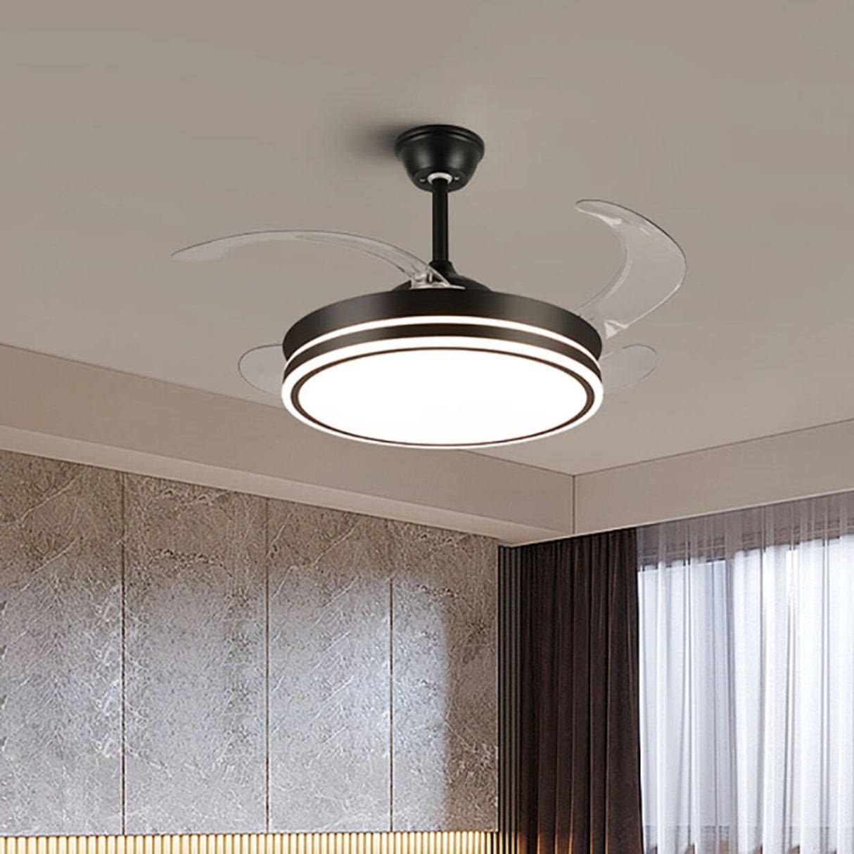 Living Room Round Modern Clear Blade Ceiling Fan Light Image - 4