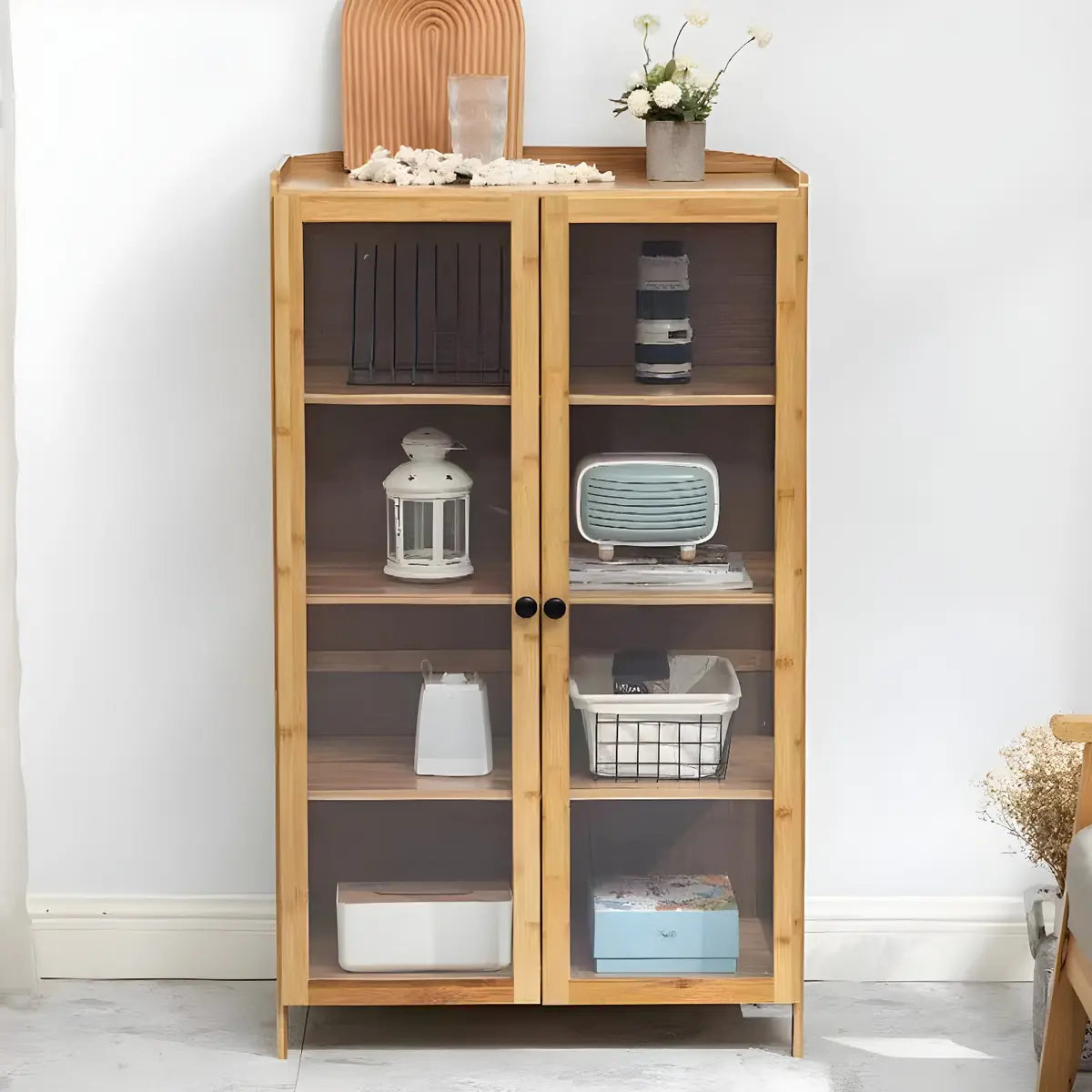 Living Room Rustic Brown Bamboo Storage China Cabinet Image - 1