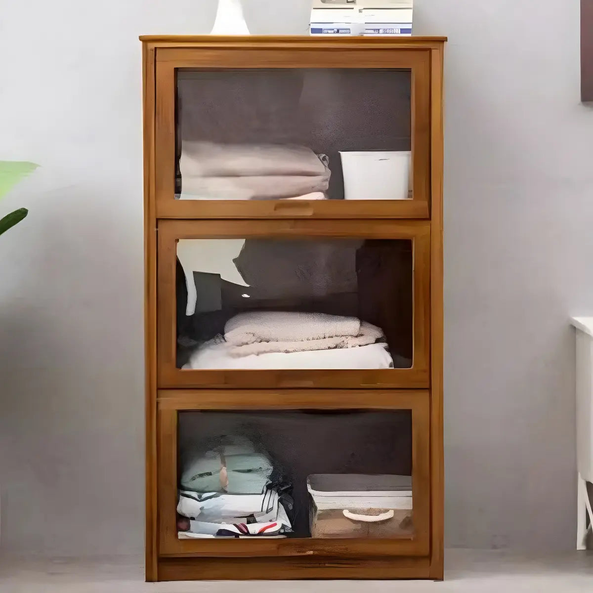 Living Room Rustic Brown Bamboo Storage China Cabinet Image - 14