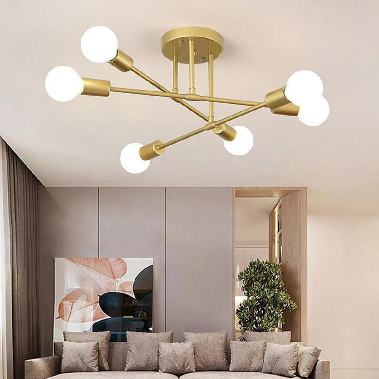 Living Room Sputnik Gold Semi-Flush Mount Lamp 6-Light Image - 1