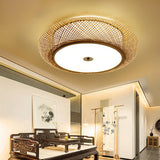 Living Room Vintage Bamboo Round Flush Mount Light Image - 6