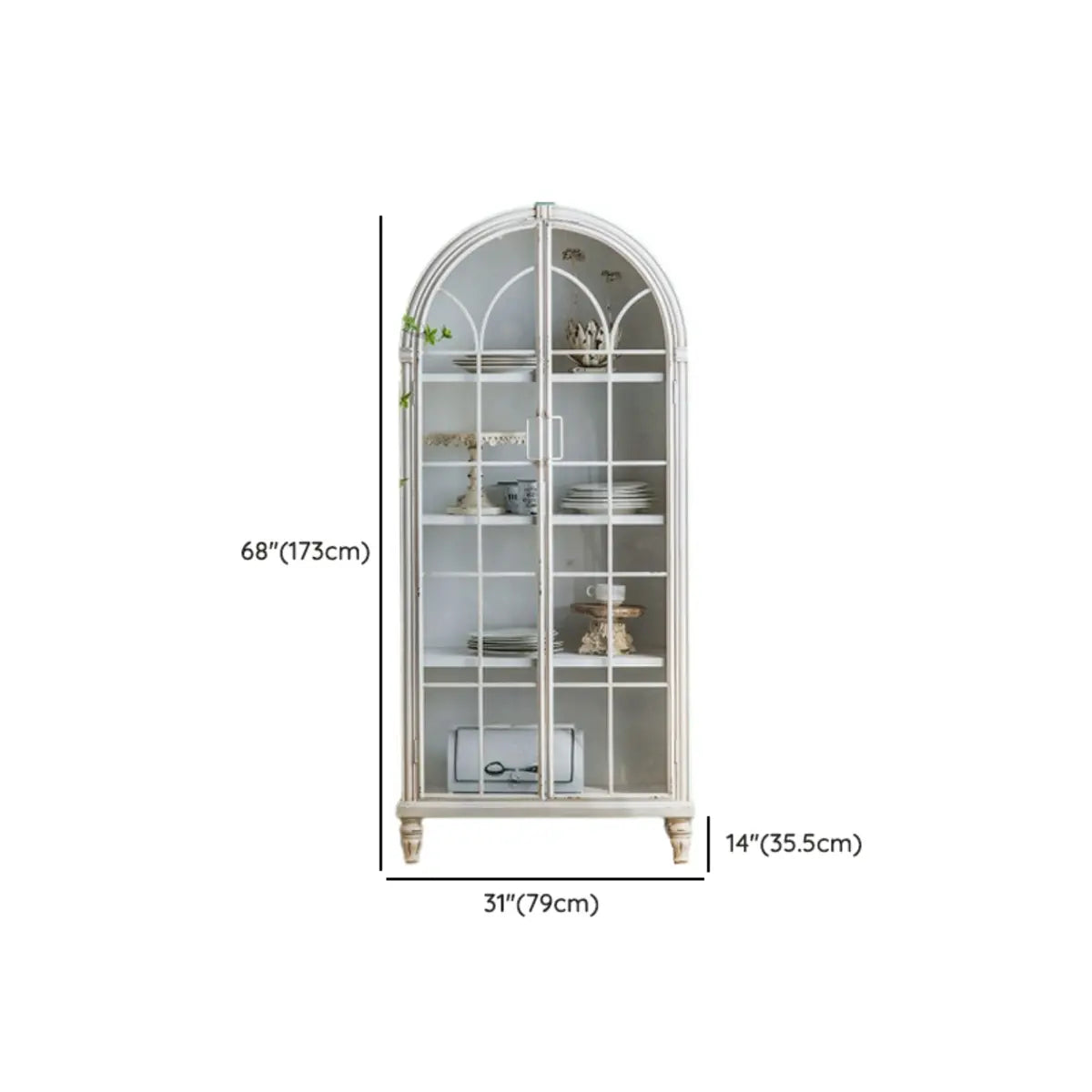 Living Room White Arched Wood Tall Display Cabinet Image - 16