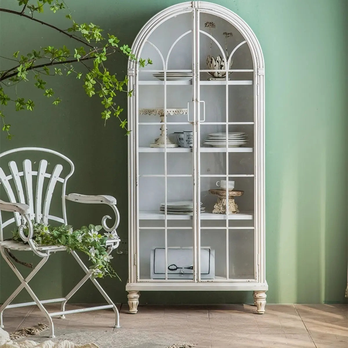 Living Room White Arched Wood Tall Display Cabinet Image - 5